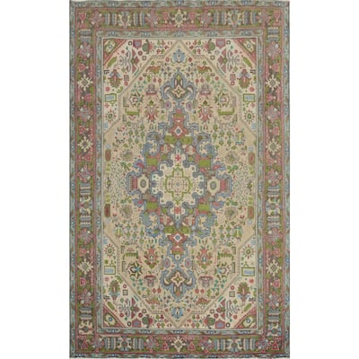 Hand Knotted Oriental 100% Wool Carpet Traditional Floral Beige & Ivories Tabriz Area Rug - 9' 4'' X 6' 3''