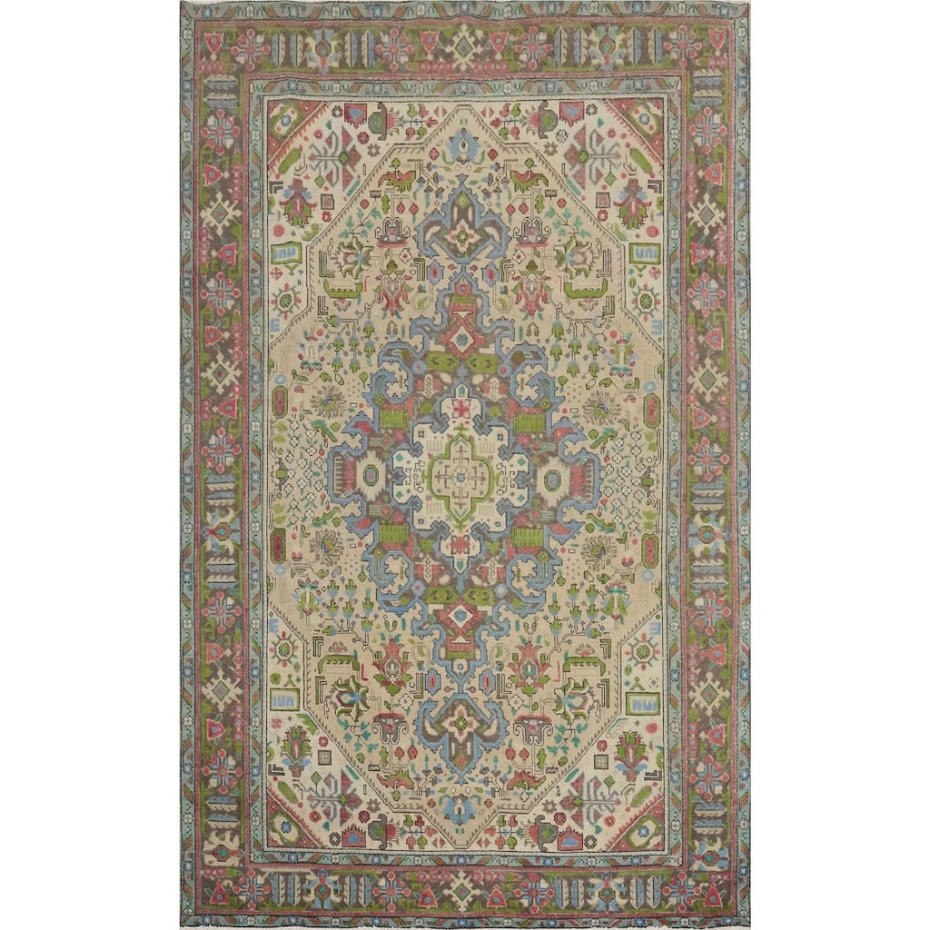 Hand Knotted Oriental 100% Wool Carpet Traditional Floral Beige & Ivories Tabriz Area Rug - 9' 4'' X 6' 3''