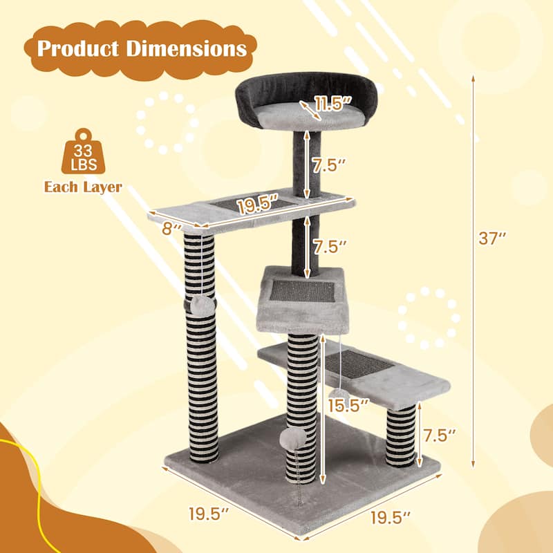 Gymax 2-in-1 Cat Tree Tower Pet Steps w/ Scratching Posts Hanging Toy