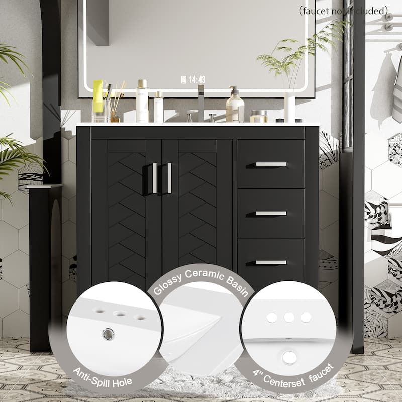 48" Bathroom Vanity with Resin Sink, Soft-Close 6 Drawers & Double Doors with 2-Tier Shelves, Solid Pine Legs, White
