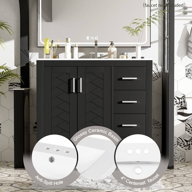 GDFStudio 36'' Bathroom Vanity with Ceramic Sink,Freestanding Vanity Set with 3 Drawers& Soft Closing Doors