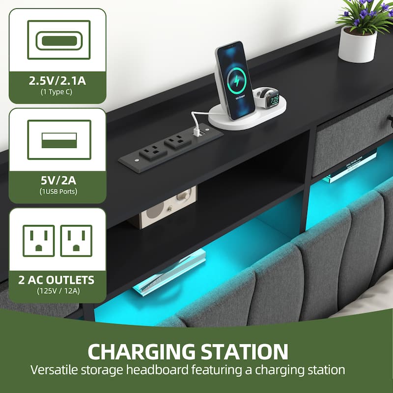 Linen Upholstered Platform Bed with Hidden Headboard Storage Charging Station and 2 Drawers