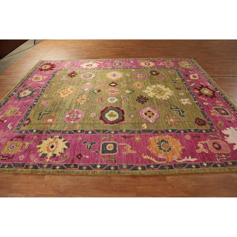 Hand Knotted Oriental 100% Wool Carpet Transitional All-Over Green Oushak Area Rug - 10' 2'' X 8' 3''