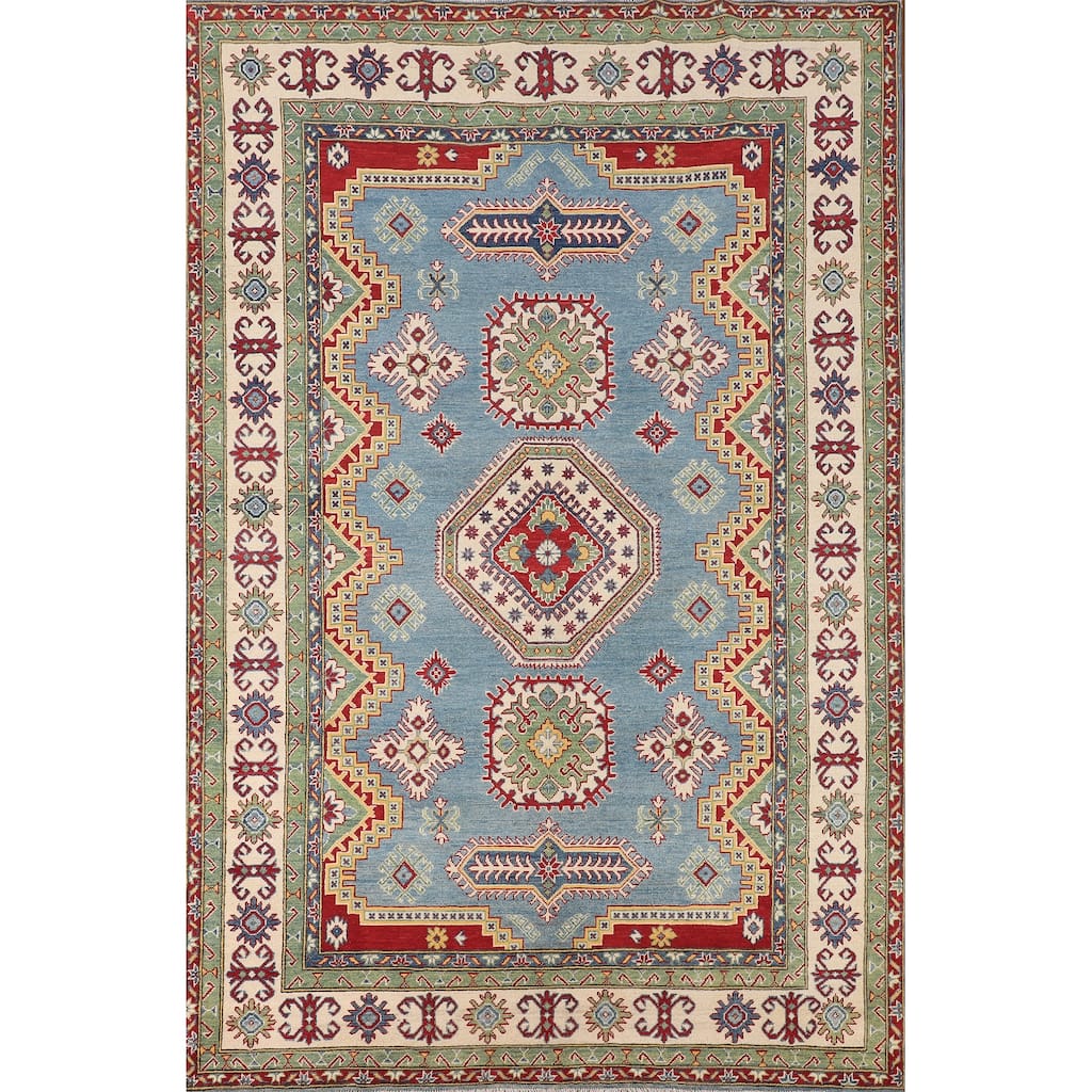 Blue Kazak Rug Hand-Knotted Traditional Oriental Wool Carpet - 6'9" x 9'8"