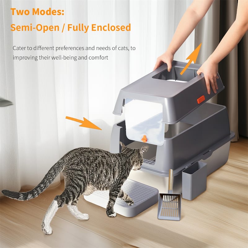 Stainless Steel Cat Litter Box,Extra Large Enclosed Cat Toilet w/Lid, Metal Cat Box w/Filter Pedal and Litter Scoop