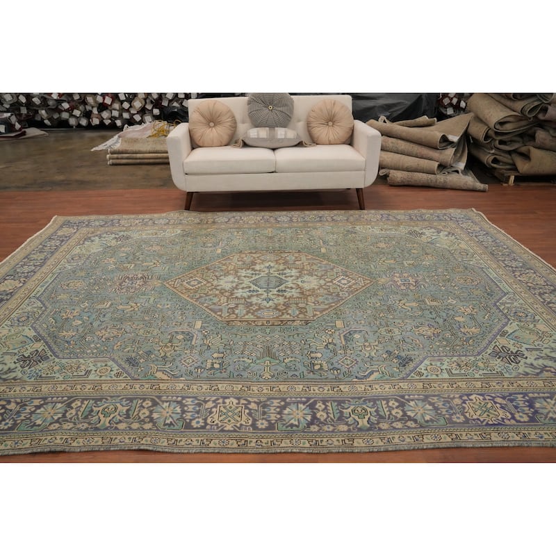 Hand Knotted Oriental 100% Wool Carpet Traditional Floral Navy Blue & Blues Tabriz Area Rug - 11' 0'' X 8' 2''