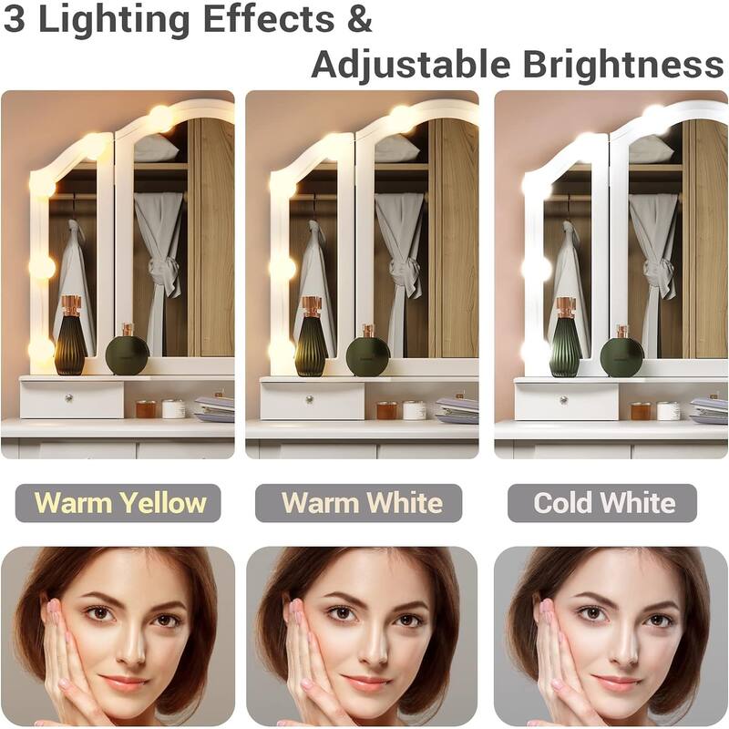 Vanity Desk Set Makeup Vanity Lighted Tri-fold Mirror and Stool