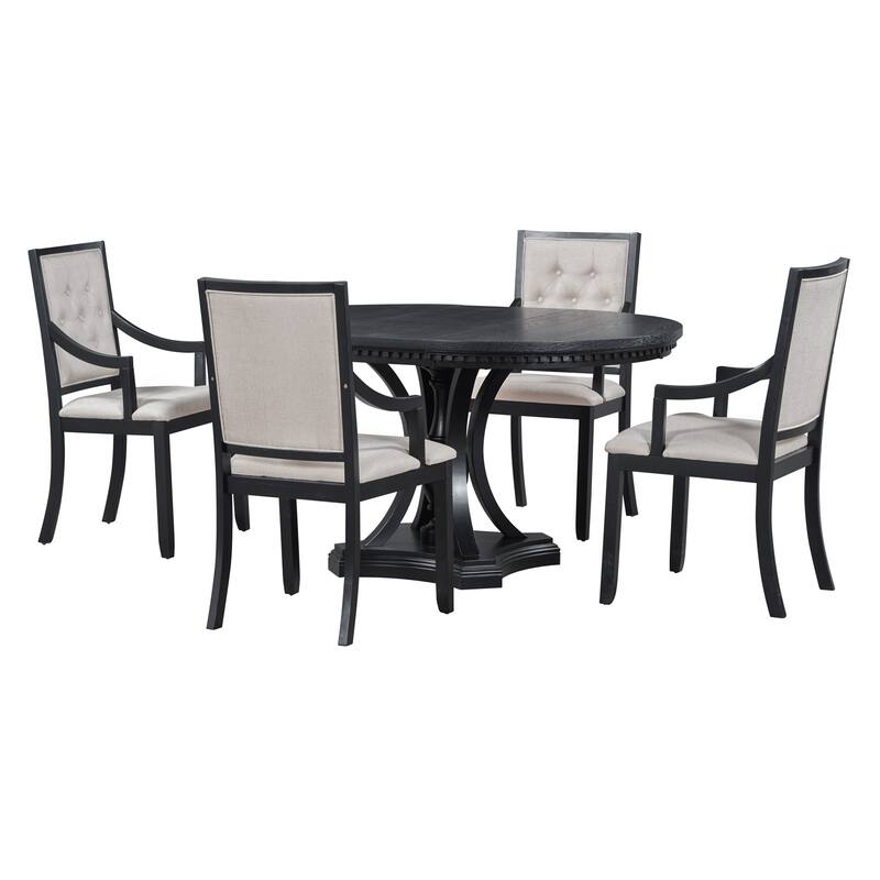 Retro 5-piece Dining Set Extendable Round Table and 4 Chairs - Black