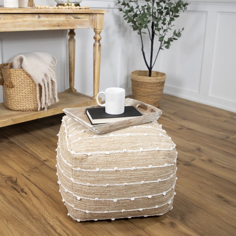 Woven Cotton Textured Stripe Square Pouf - 14" - Beige