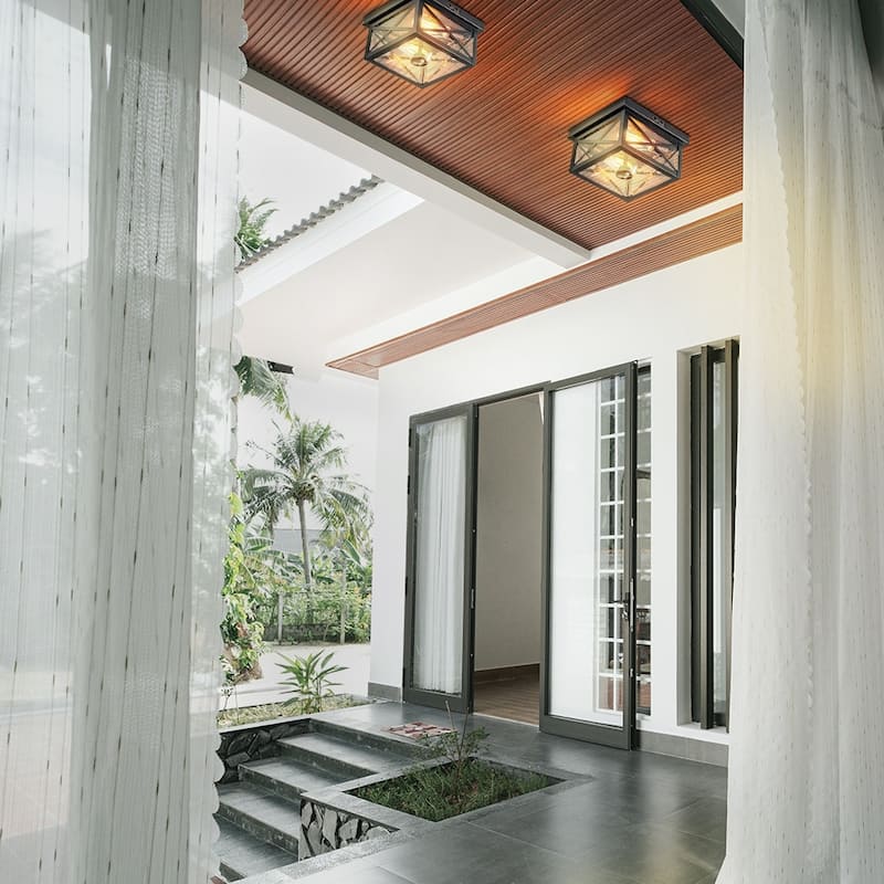 Flush Mount Motion Sensor Outdoor Ceiling light with Seeded Glass - Standard