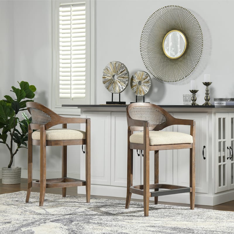Americana Mid-Century Modern Rattan Cane Back Counter and Bar Stool - Set of 3 - Taupe Beige Textured Weave - Counter Height