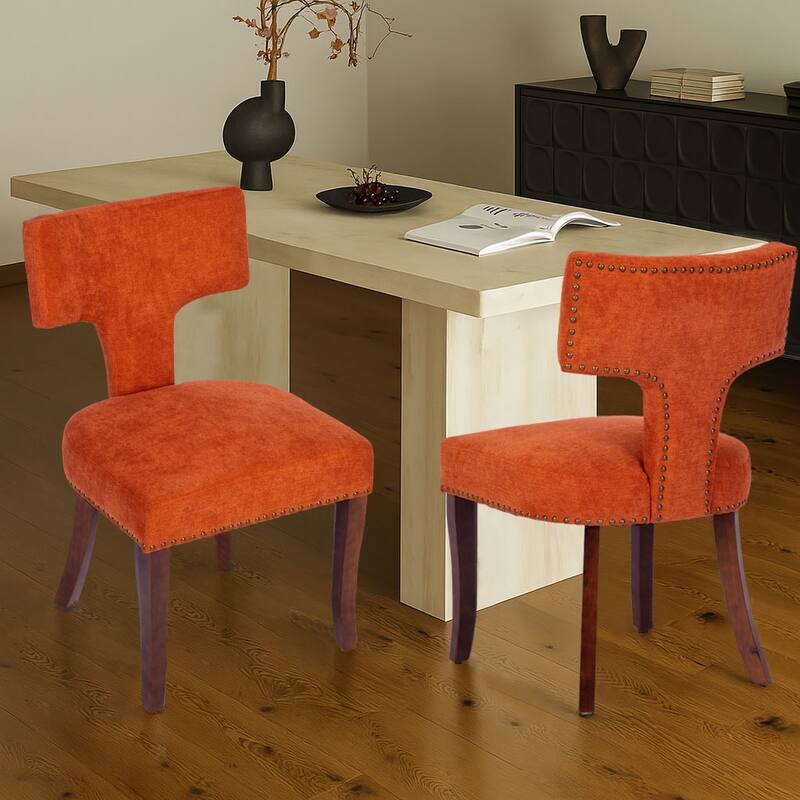 Vintage Set of Two Upholstered Dining Chairs with Adjustable Foot Pads - Orange+Walnut