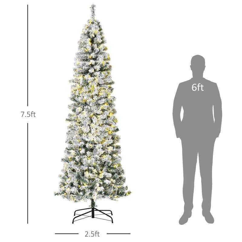 HOMCOM 6FT/7FT/9FT Slim Flocked Christmas Tree with Lights, Skinny Christmas Tree with Stand