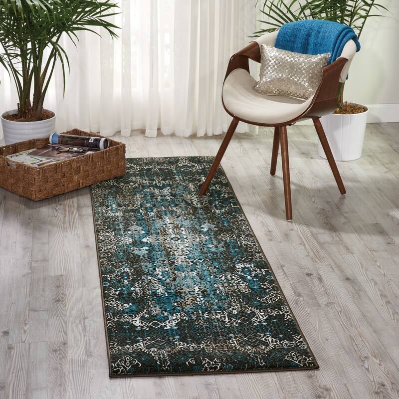Nourison Karma Vintage Over-Dyed Medallion Area Rug - 2'2" x 7'6" Runner - Blue - Runner/Rectangle