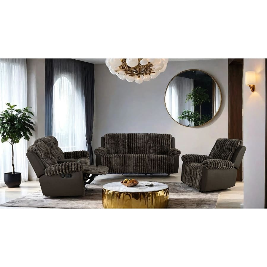 Brown Finish Solid Wood LED Comfortable Sofa Recliner Set USB Ports