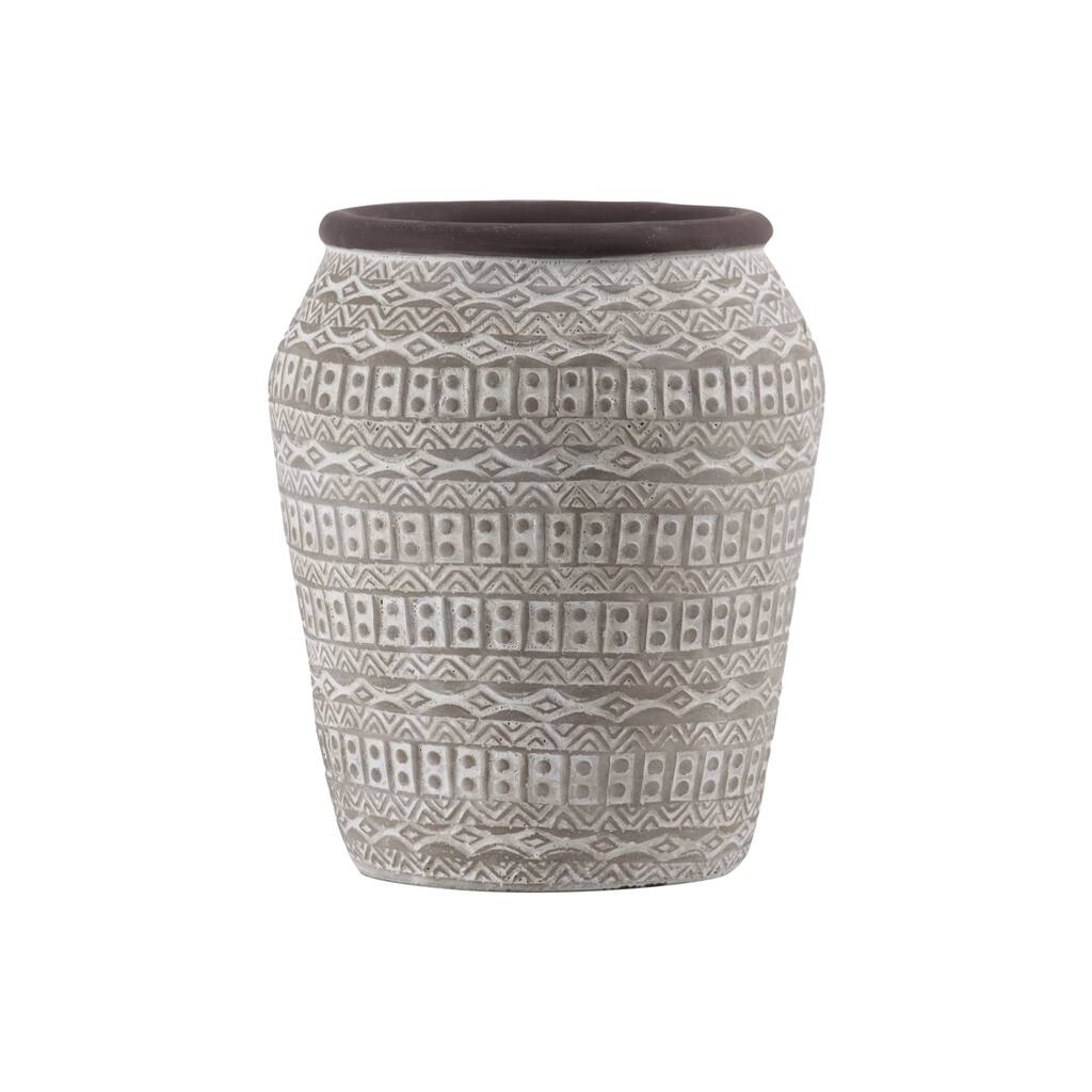 Round Cement Vase with Tribal Pattern and Brown Rim, Large, Gray