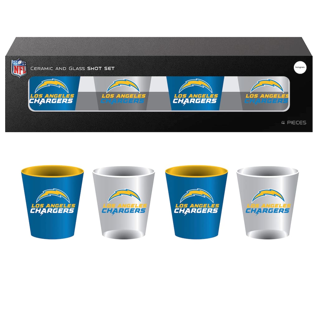 Ceramic and Glass Shot Glass with Gift Box, 4pc Set, Los Angeles Chargers