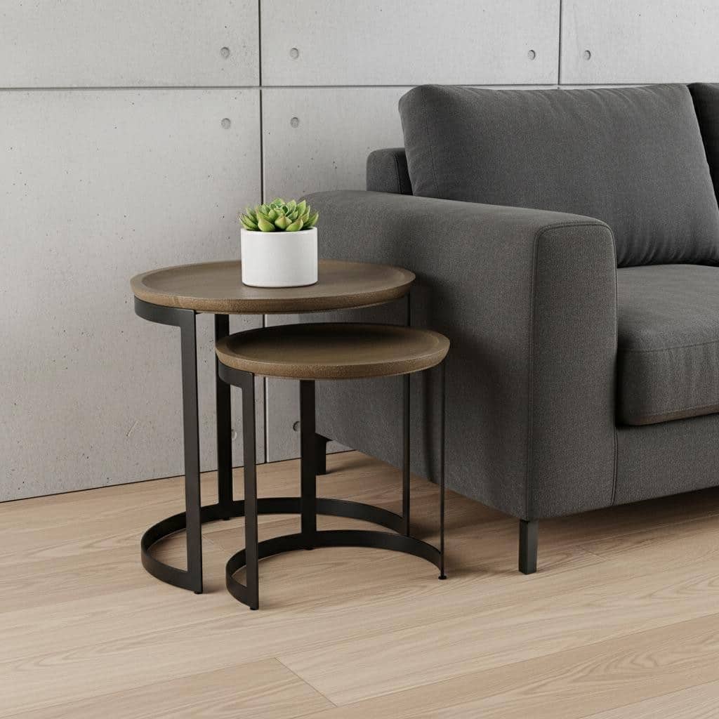 HomeRoots Set of Two Brown and Black Solid Wood and Iron Round Nested Tables - 19.00 in. x 19.25 in. x 19.00 in.