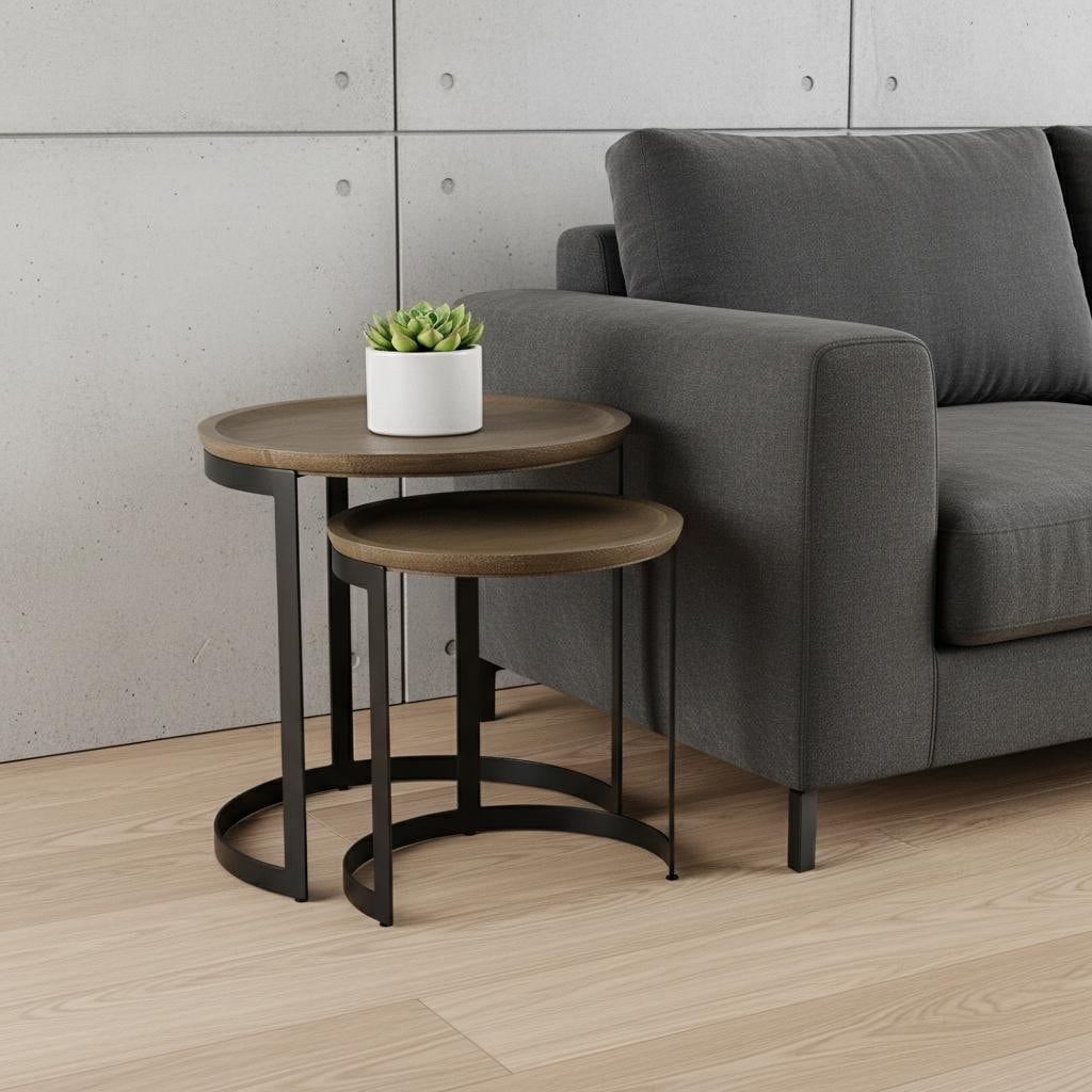HomeRoots Set of Two Brown and Black Solid Wood and Iron Round Nested Tables - 19.00 in. x 19.25 in. x 19.00 in.