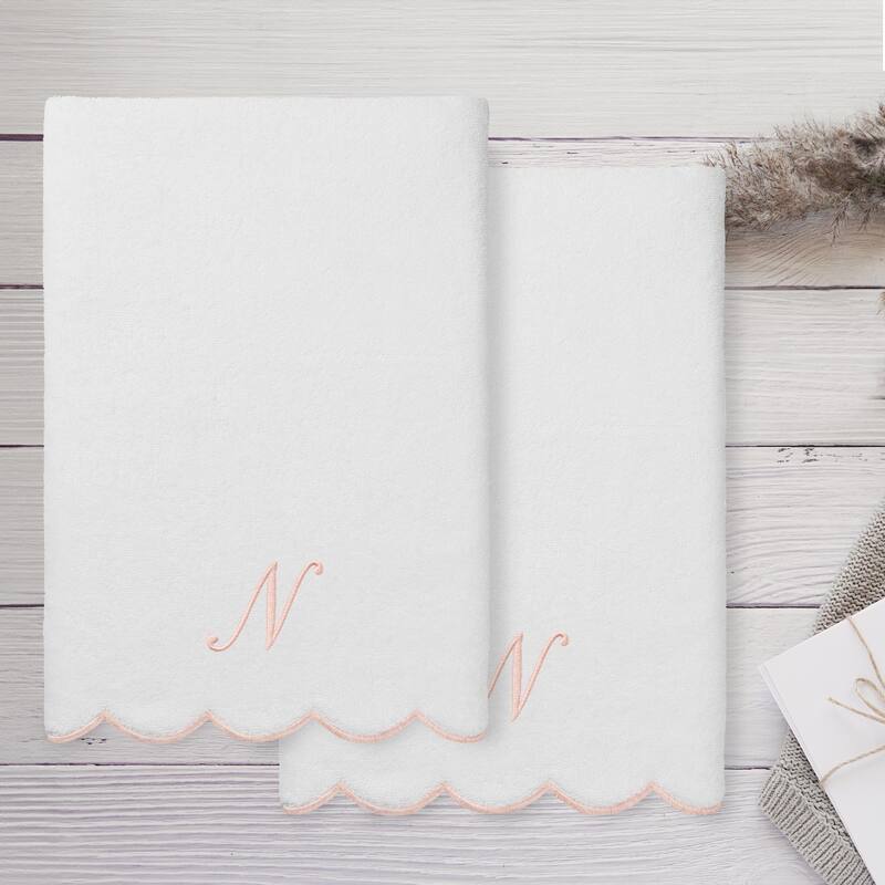Authentic Hotel and Spa 100% Turkish Cotton Pink ADORNIA Scallop Personalized 2 Piece Bath Towel Set - 2 Bath Towels