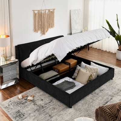 King Size Chenille Upholstered Low Platform Bed with Hydraulic Storage