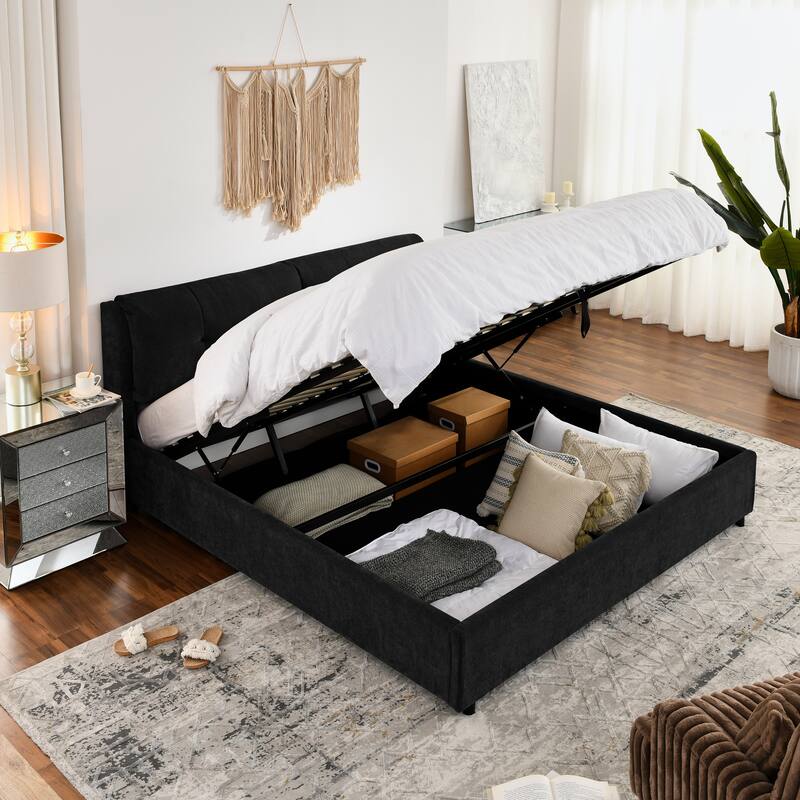 King Size Storage Upholstered Hydraulic Platform Bed with Integrated Headboard, Chenille Fabric, Black