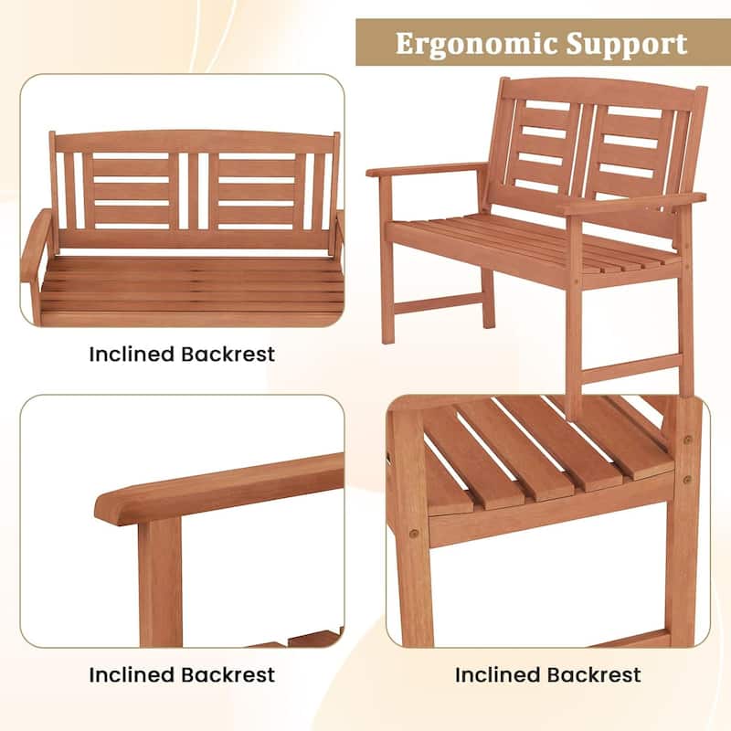 Patio Wood Bench Garden Armrest Loveseat with Inclined Backrest