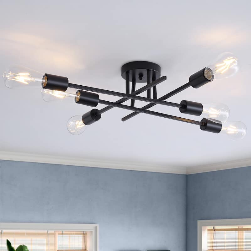 Modern Black 6-Light Sputnik Ceiling Semi Flush Mount Lamp