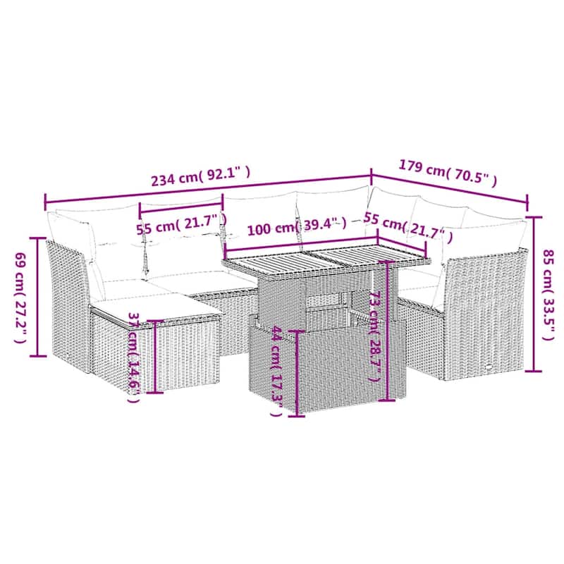 vidaXL Patio Sofa Set with Cushions Outdoor Furniture 8 Piece Poly Rattan - 24.4" x 24.4" x 27.2"