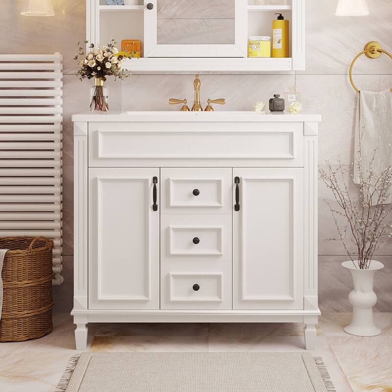 36" Modern Bathroom Vanity with Resin Sink, 2 Soft-Close Doors, 2 Drawers, & Cabinet Storage