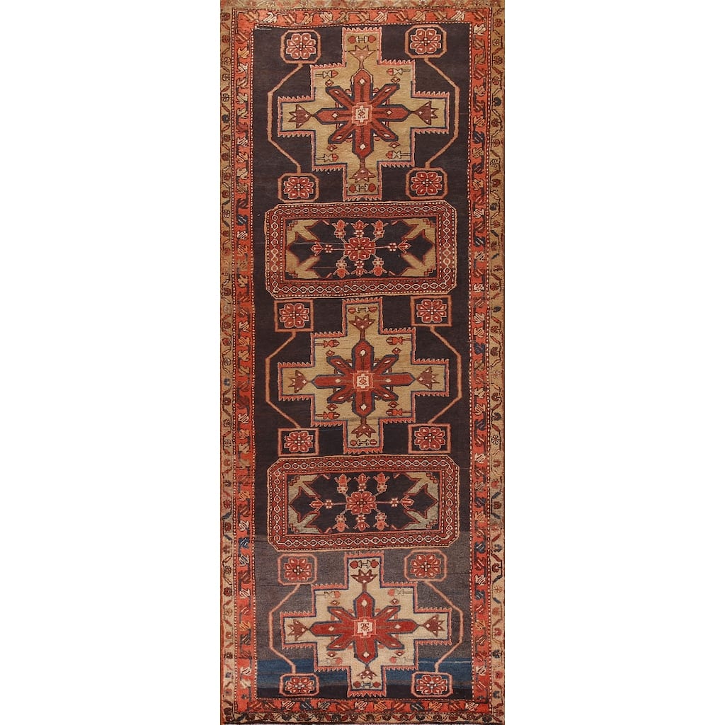 Blue Ardebil Persian Vintage Runner Rug Hand-knotted Wool Carpet - 3'6"x 11'1"