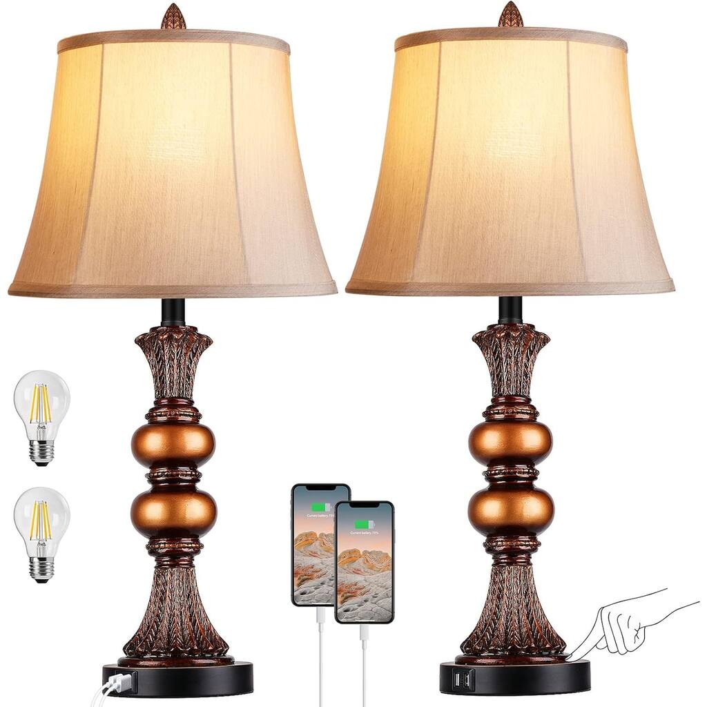 Set of 2 Touch Control Traditional Table Lamp, 27"H Bedside Lamps with 2 USB Charging Ports, 3-Way Dimmable