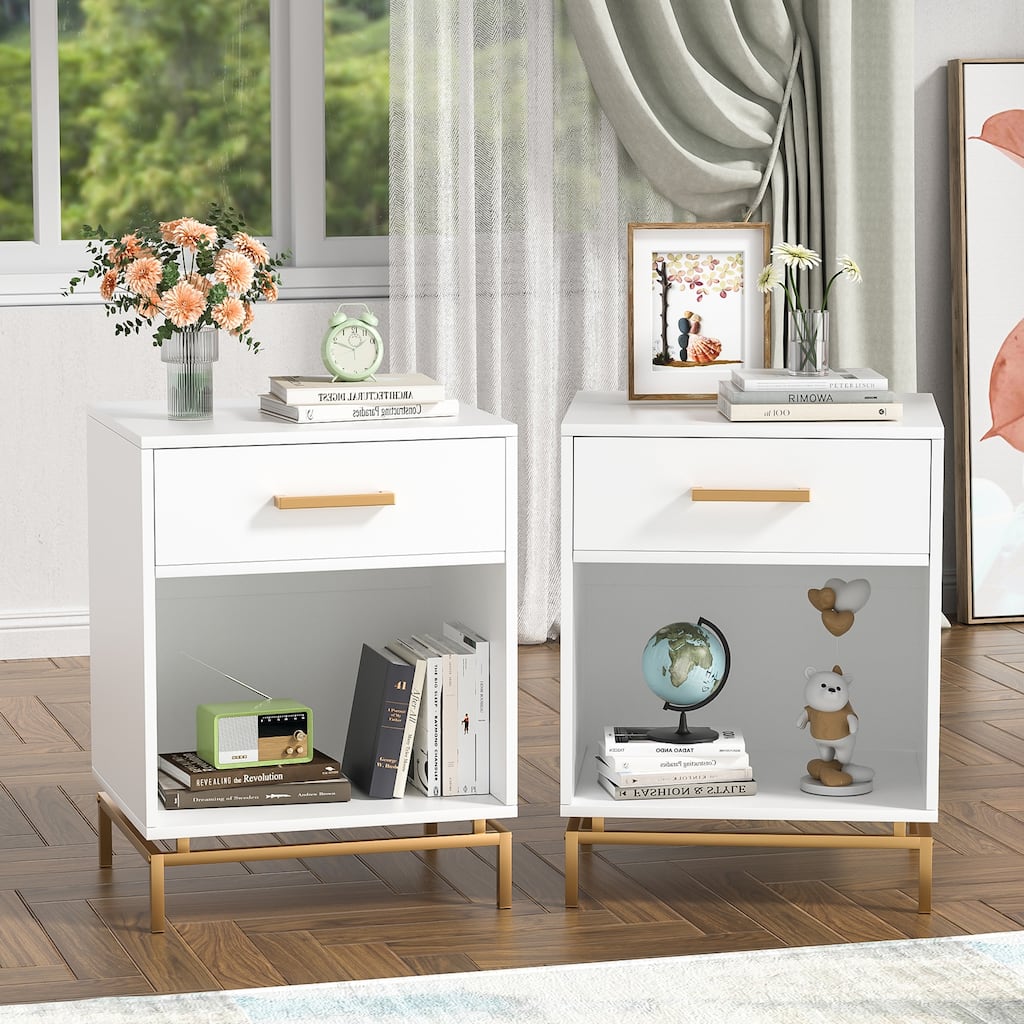 Anmytek Modern 1-Drawer White Nightstand Wood Bedside Table with Open Shelf (Set of 2)