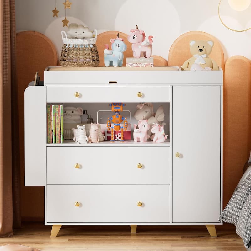 Modern Changing Table Dresser - Wide Top, 3 Drawers, White Finish‌