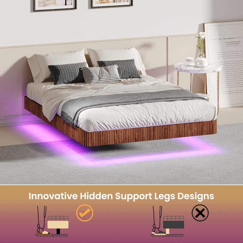 Modern Floating Bed Platform - LED Ambient Lighting with Wave-Pattern Wood Veneer & Reinforced Steel Slat System‌