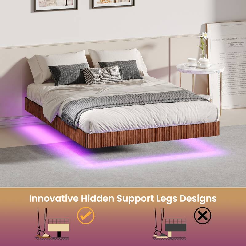 Queen Floating Bed Frame with LED Lights, Wave Curve Wood Texture, Heavy Duty Metal Slats - No Box Spring Needed