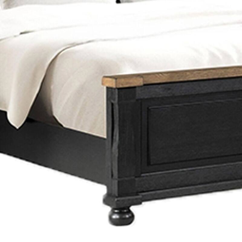 Ginie Queen Bed, Tall Headboard, Farmhouse Legs, Black, Oak Brown Wood