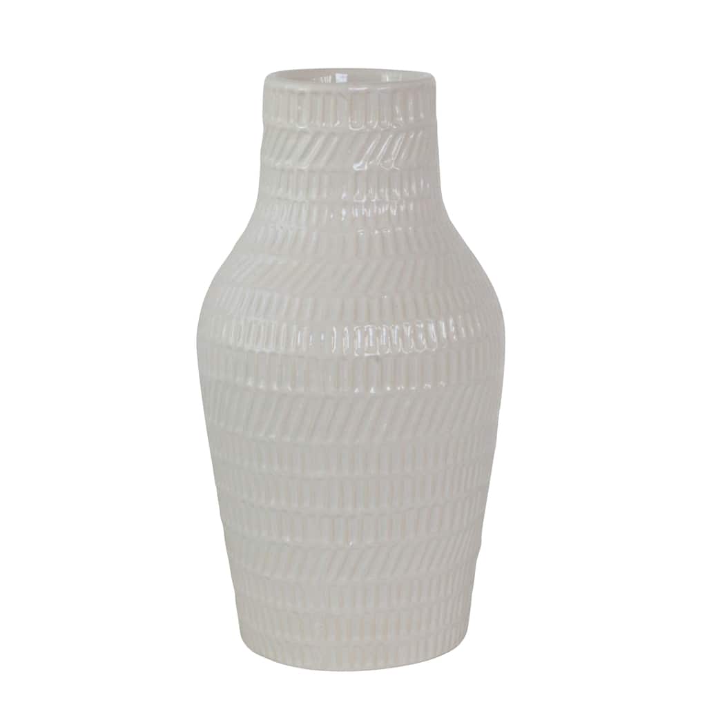 12" Tribal Look Vase, White 12"H