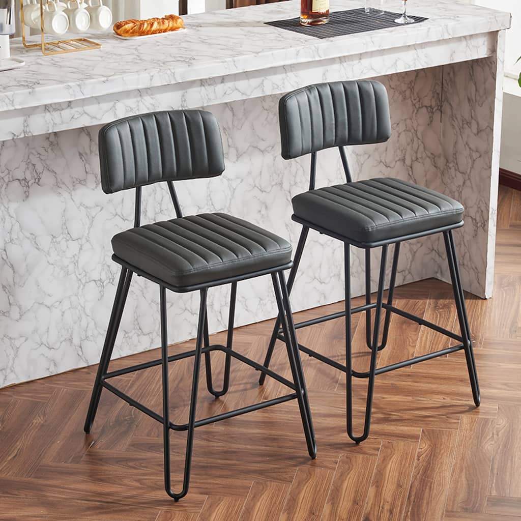 Industrial Bar Stools Set of 2, Counter Height Chairs with PU Leather Upholstery & Metal Frame, Backrest & Footrest