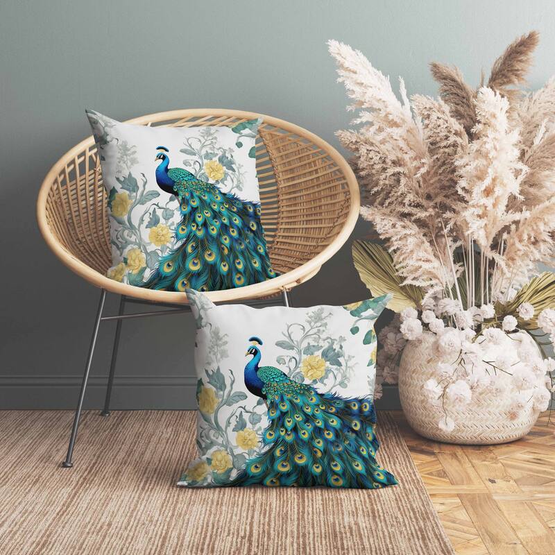 Peacock Secrets Indoor/Outdoor Reversible Throw Pillow Teal and Gold