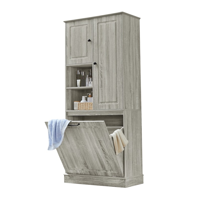 GDF Studio - Tommy Modern MDF Tall Storage Cabinet with Adjustable Shelves and Large Flip-Out Basket