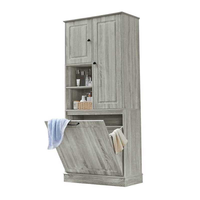 Tall Storage Cabinet with Adjustable Shelves, Large Flip-Out Basket & Enclosed Cabinets