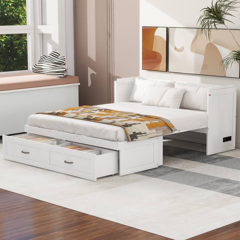 Space-Saving Design Murphy Bed with USB Ports, Large Drawers and Metal Handles