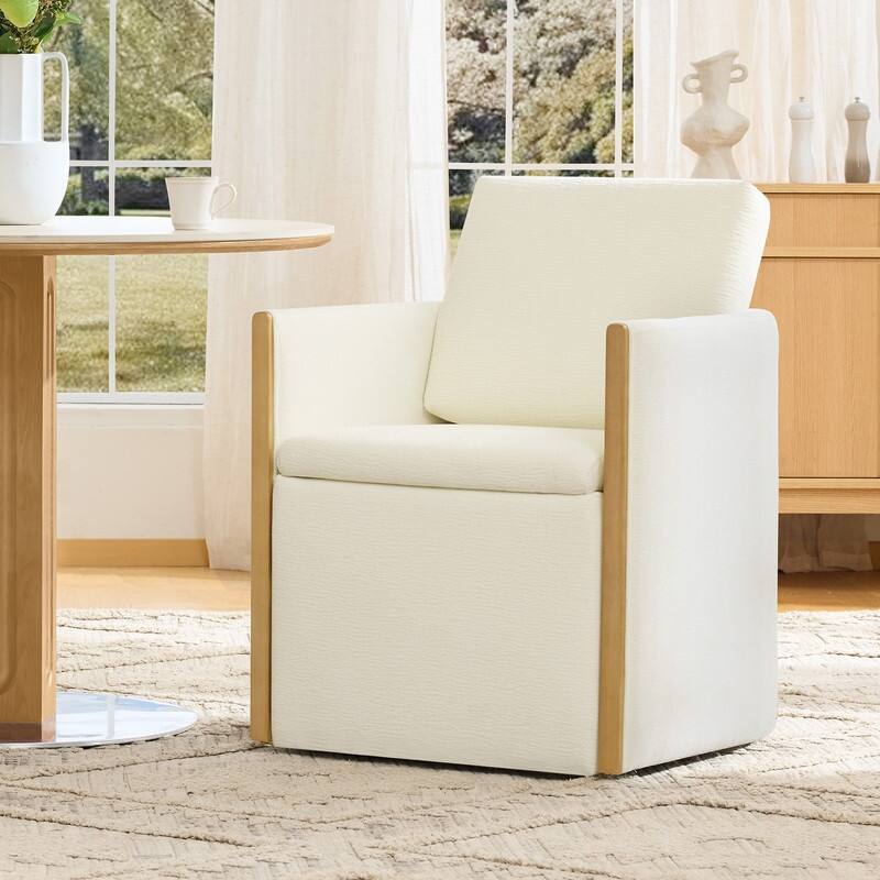 Spruce & Spring Modern Chenille Dining Chair with Casters, Wood Inlay & Hidden Storage
