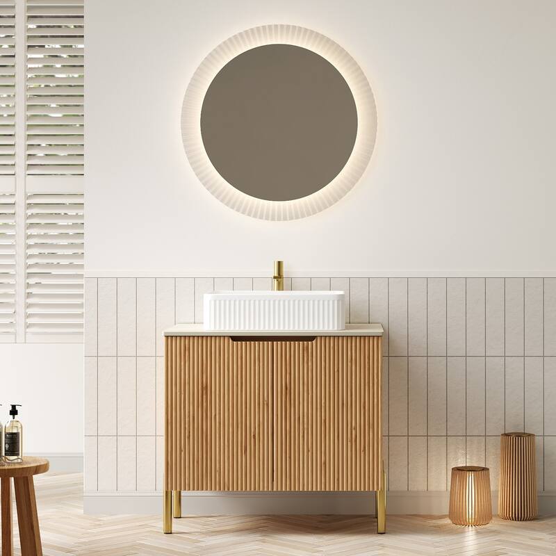 30"Bathroom Vanity with Sink, Freestanding Plywood Bathroom Storage Cabinet with 2 Doors, Rectangular Ceramic Basin Top - Natural Wood+White