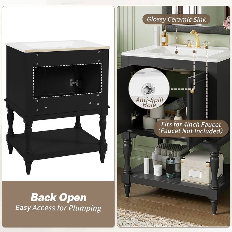 24 inch Modern Luxury Bathroom Vanity with Ceramic Sink, Bathroom Cabinet with Open Shelf and Closed Storage