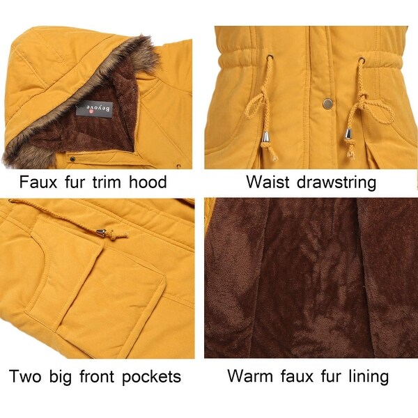 womens mustard coats with big fur hoods