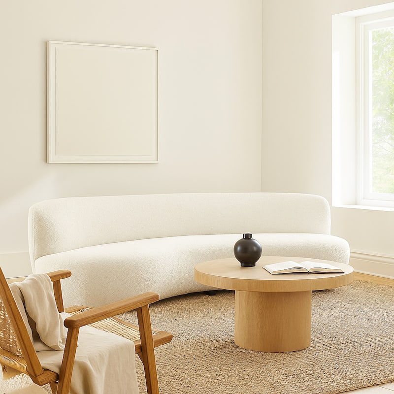 Simy Curved Sofa, 104 Inch, White Faux Sheepskin Fabric, Black Metal Legs