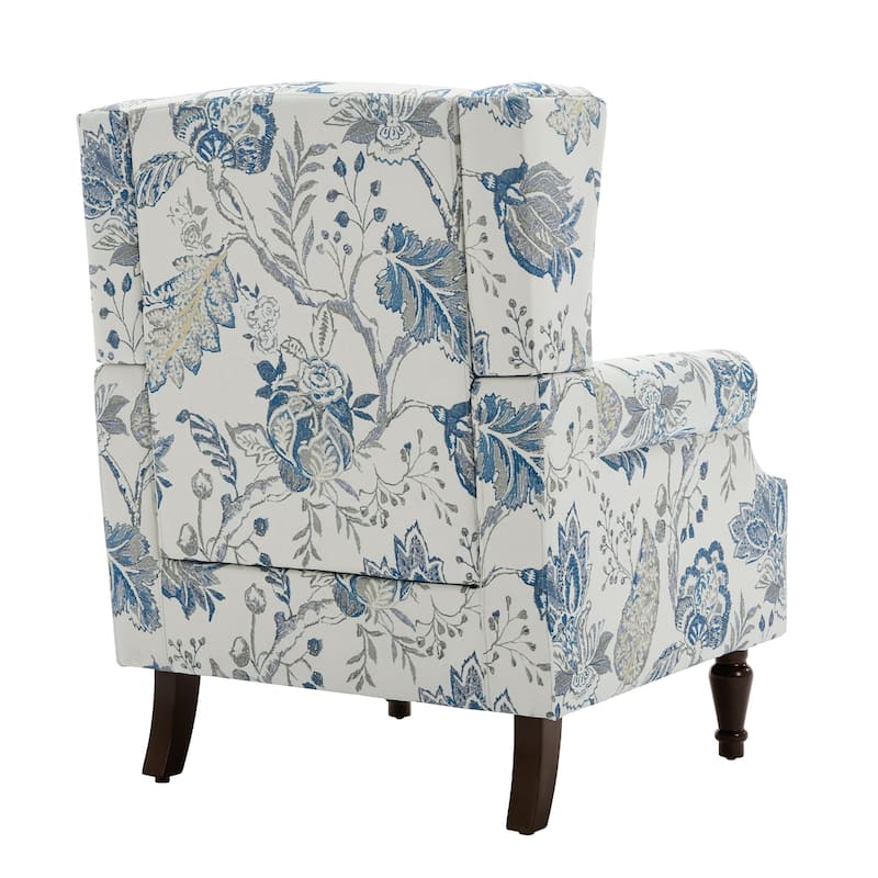 Traditional Floral Patterned Wingback Armchair with Nailhead Trim