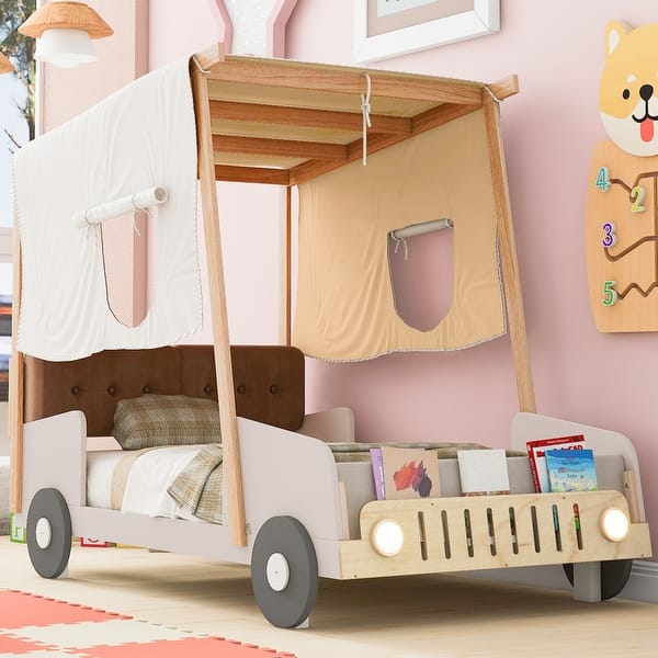slide 2 of 14, Full Size Solid Wood Car Bed with Included Headboard, Pillow, Ceiling Cloth, and LED Lights for Added Charm Beige - Twin
